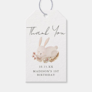 Sweet Bunny Calligraphy First Birthday Thank You Gift Tags
