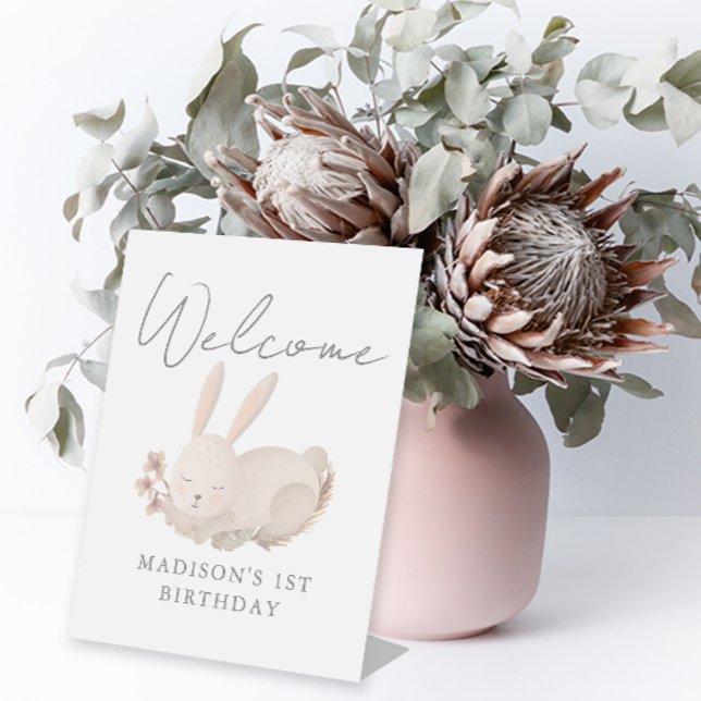 Sweet Bunny Calligraphy First Birthday Welcome Pedestal Sign (Creator Uploaded)