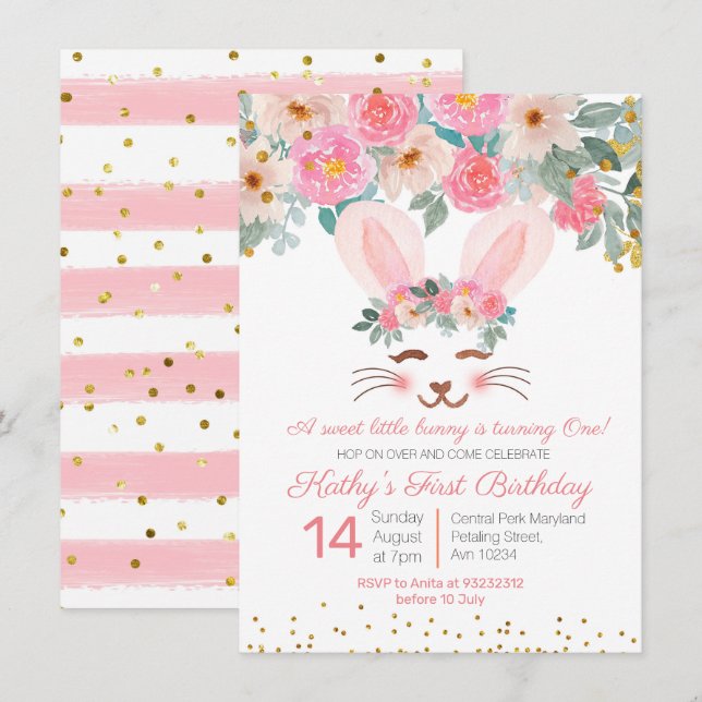 Sweet Bunny first birthday invitation girls floral (Front/Back)