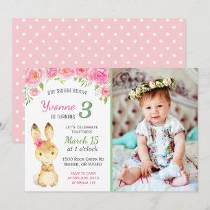 Sweet Bunny Floral Pink Girl Birthday Party Photo Invitation