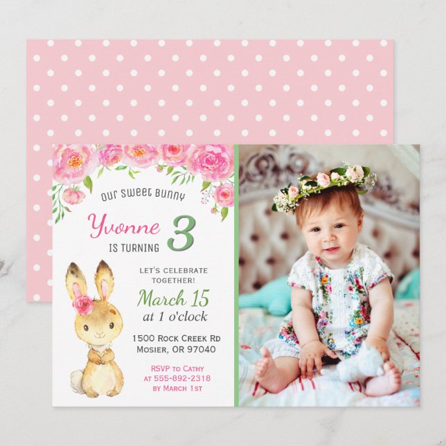 Sweet Bunny Floral Pink Girl Birthday Party Photo Invitation (Front/Back)