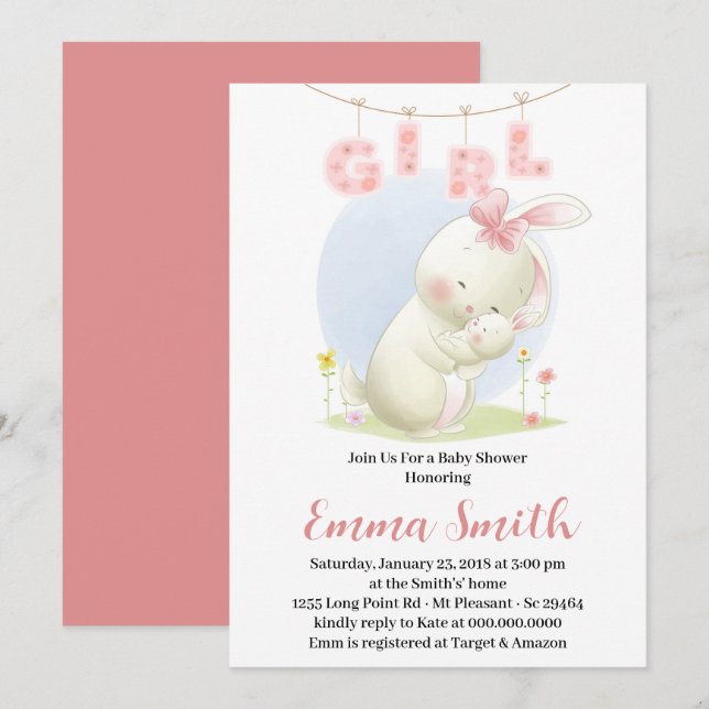 Sweet Bunny Girl Baby Shower Invitation (Front/Back)