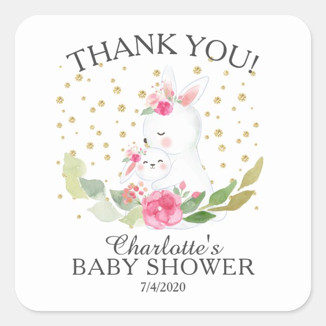 Sweet Bunny Girls Baby Shower Square Sticker (Front)