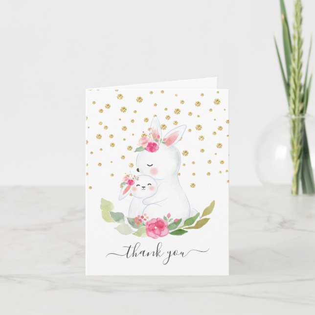 Sweet Bunny Girls Baby Shower Thank You Note Card (Front)