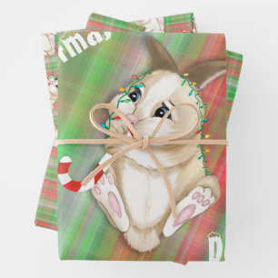 Sweet Bunny Green Red Plaid Fabric Christmas Wrapping Paper Sheet
