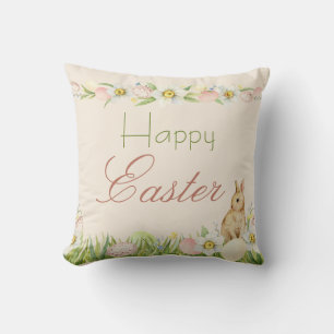 Sweet Bunny Happy Easter Floral Watercolor Cushion