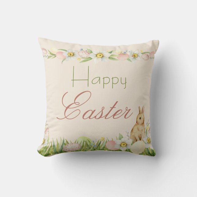 Sweet Bunny Happy Easter Floral Watercolor Cushion (Front)