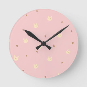 Sweet Bunny & Hearts Seamless Pattern – Cute Pink  Round Clock