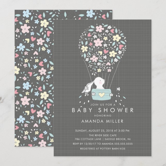 Sweet Bunny Hot Air Balloon Baby Shower Invitation (Front/Back)