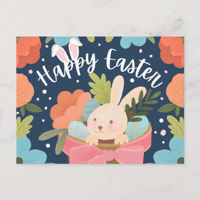 Sweet Bunny in Gift Basket “Happy Easter”  Holiday Postcard (Front)