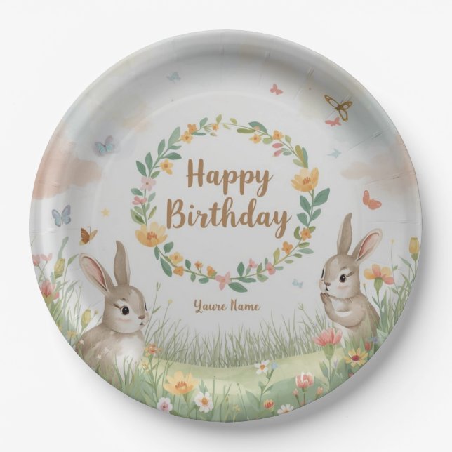 Sweet Bunny Meadow Birthday Party Paper Plate – Cu (Front)