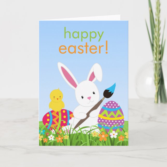 Sweet Bunny Paint Easter Eggs Greeting Card (Front)