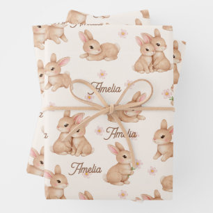 Sweet Bunny Pink Floral Pattern Name Wrapping Paper Sheet