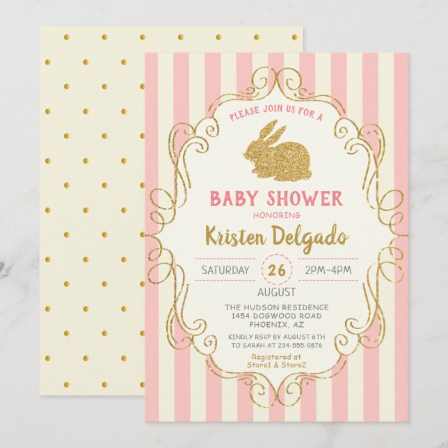 Sweet Bunny Pink Gold Glitter  Baby Shower Invitation (Front/Back)