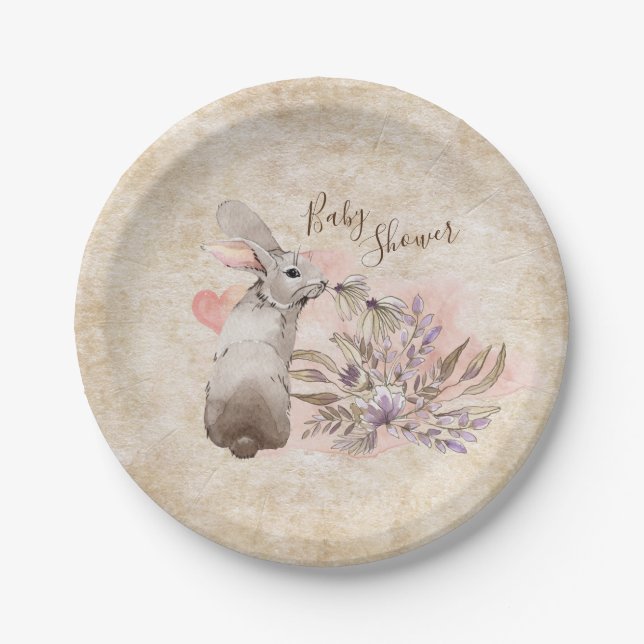 Sweet Bunny Rabbit and Flowers Girls' Baby Shower Paper Plate (Front)