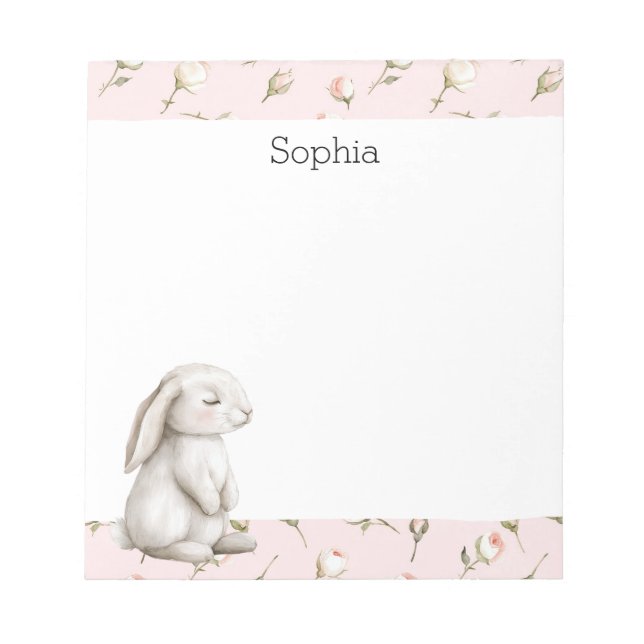Sweet Bunny Rabbit Roses Pink Floral  Notepad (Front)