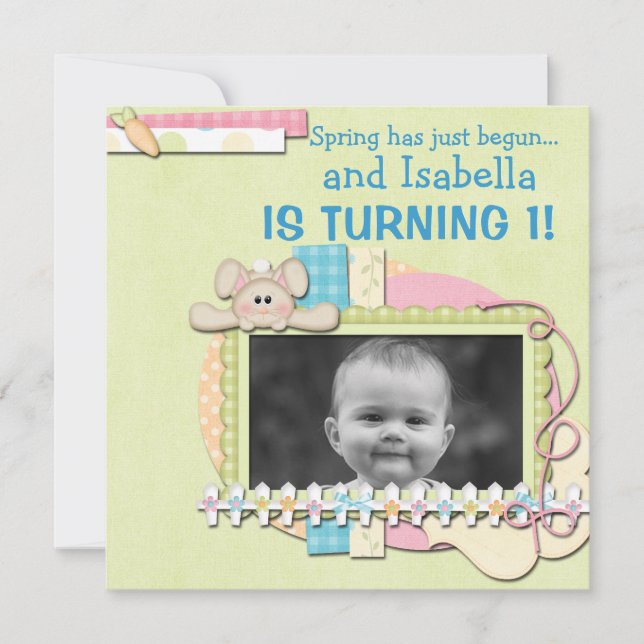 Sweet Bunny Spring Summer First Birthday Invitation (Front)