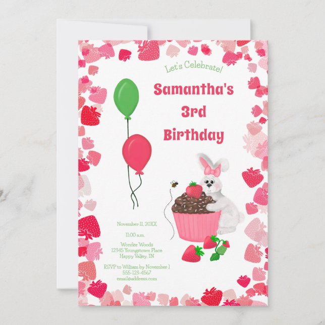 Sweet Bunny & Strawberry Cupcake Girl's Birthday Invitation (Front)