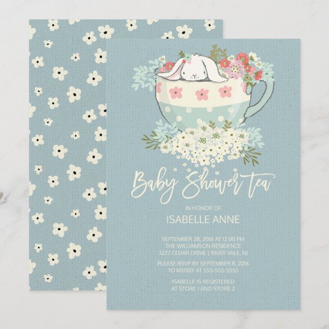 Sweet Bunny Tea Cup Blue Baby Shower Invitations (Front/Back)