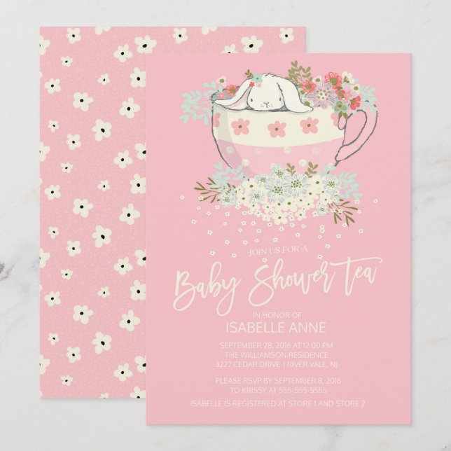 Sweet Bunny Tea Pink Girls Baby Shower Invitations (Front/Back)