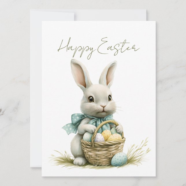 Sweet Bunny Watercolor Floral Easter  Holiday Card (Front)