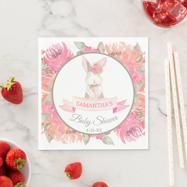 Sweet Bunny Watercolor Flowers Baby Shower Napkin (Insitu)