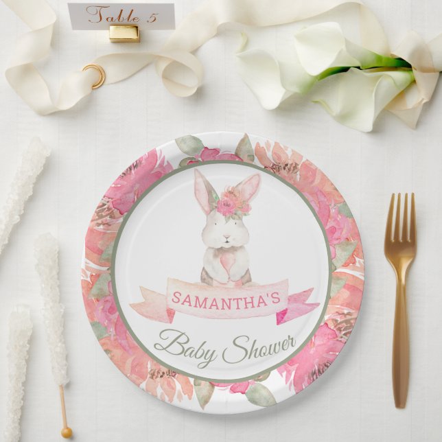 Sweet Bunny Watercolor Flowers Baby Shower Paper Plate (Wedding)