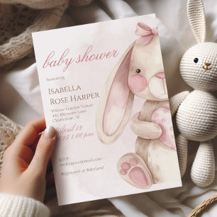 Sweet Bunny Watercolor Pink Baby Shower Invitation