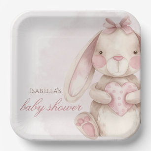 Sweet Bunny Watercolor Pink Baby Shower Paper Plate