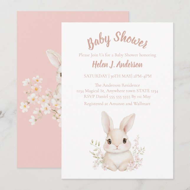 Sweet Bunny Watercolor Pink Flower Baby Shower Invitation (Front/Back)
