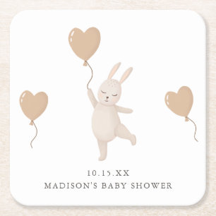 Sweet Bunny with Heart Balloon Baby Shower Square Paper Coaster