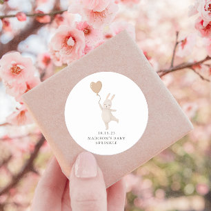 Sweet Bunny with Heart Balloon Baby Sprinkle Date Classic Round Sticker