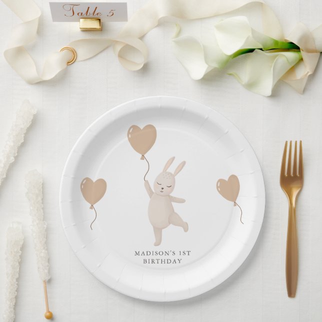 Sweet Bunny with Heart Balloon First Birthday Paper Plate (Wedding)