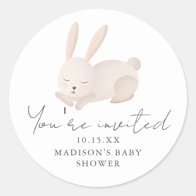Sweet Bunny You're Invited Script Baby Shower Classic Round Sticker (Front)