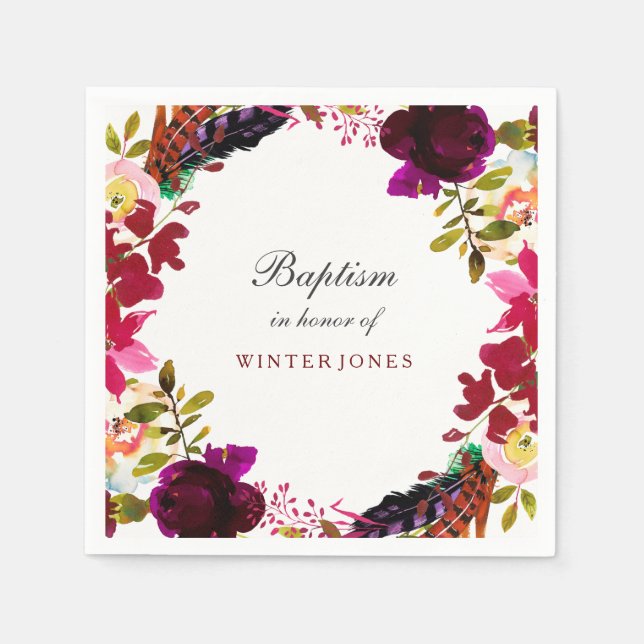 Sweet Burgundy Purple Floral Wreath Baptism Napkin (Front)