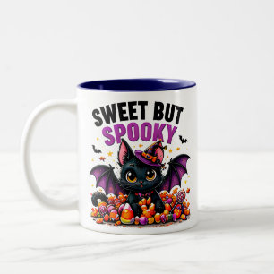 Sweet But Spooky Cute Black Bat Cat Halloween Two-Tone Coffee Mug