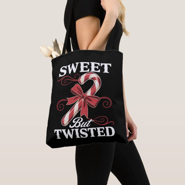 Sweet But Twisted Candy Cane Christmas Holiday Tote Bag (Close Up)