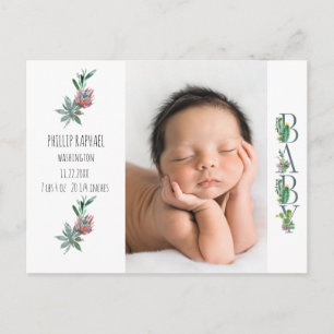 Sweet Cactus Baby Birth Photo Announcement Postcard