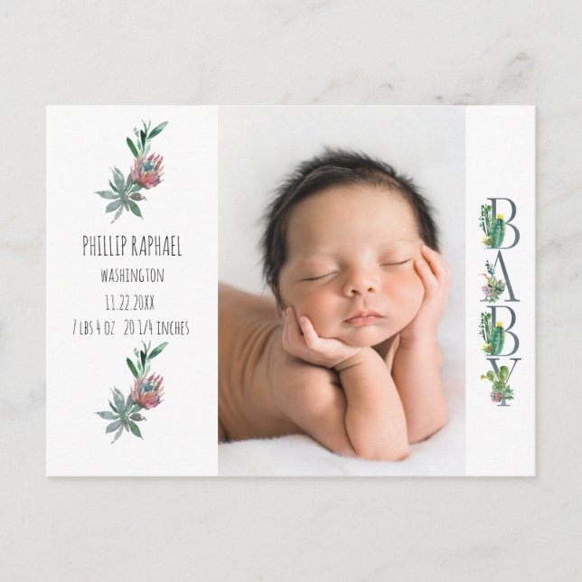 Sweet Cactus Baby Birth Photo Announcement Postcard (Front)