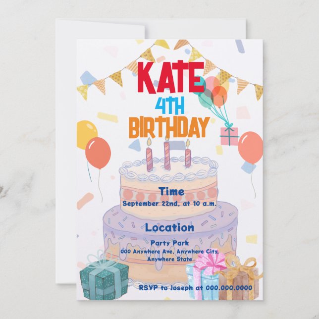 Sweet Cake Colourful Party Kid Birthday Invitation (Front)