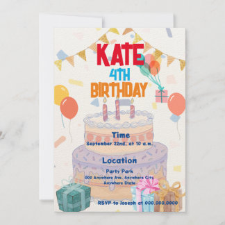 Sweet Cake Colourful Party Kid Birthday Invitation