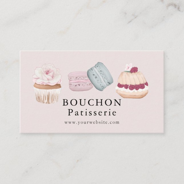 Sweet Cake Macaron Cupcake Pink Bakery Business Card (Front)