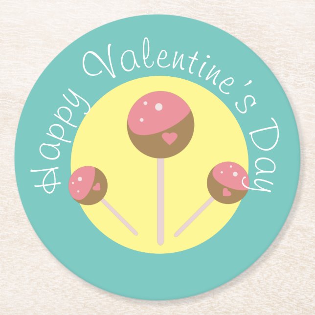 Sweet Cake Pop Valentines  Pink  Teal Round Paper Coaster (Front)