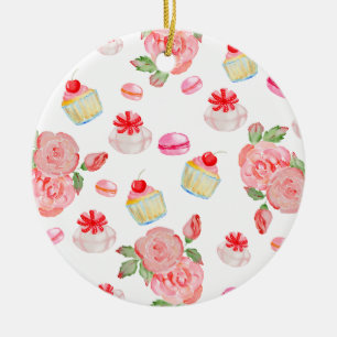 Sweet cakes and roses in watercolour ceramic tree decoration