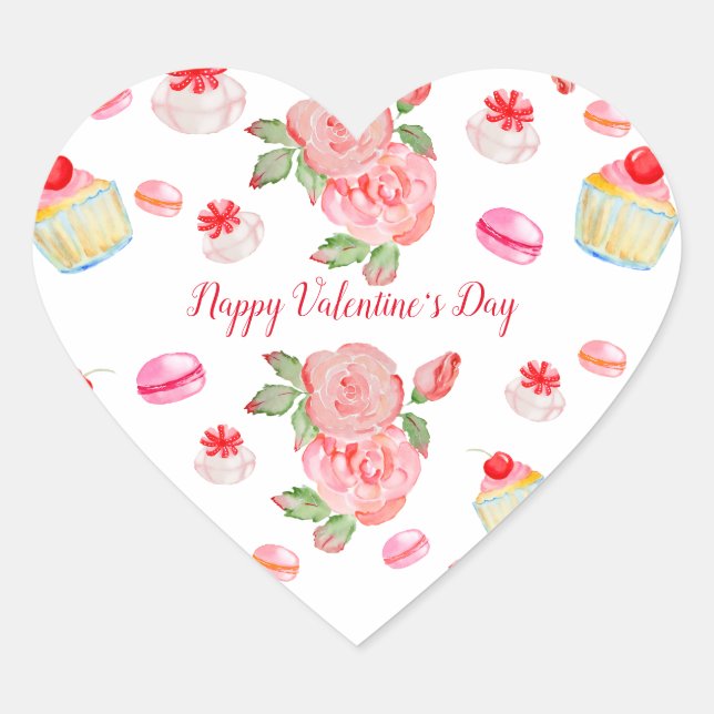 Sweet cakes and roses in watercolour heart sticker (Front)