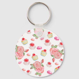 Sweet cakes and roses in watercolour key ring