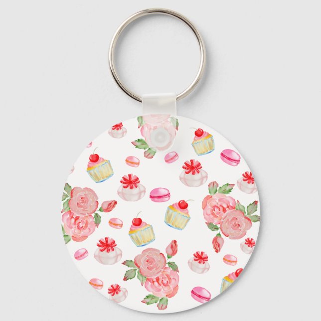 Sweet cakes and roses in watercolour key ring (Front)