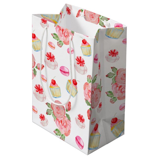 Sweet cakes and roses in watercolour medium gift bag (Back Angled)