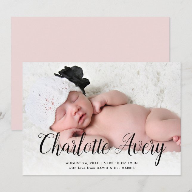 Sweet Calligraphy Photo Birth Announcement (Front/Back)