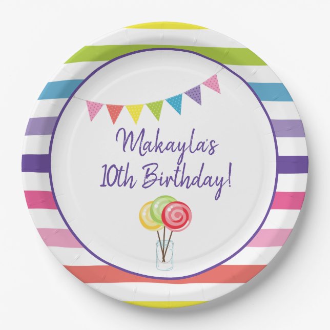 Sweet Candy Birthday Party Lollipop Banner Paper Plate (Front)